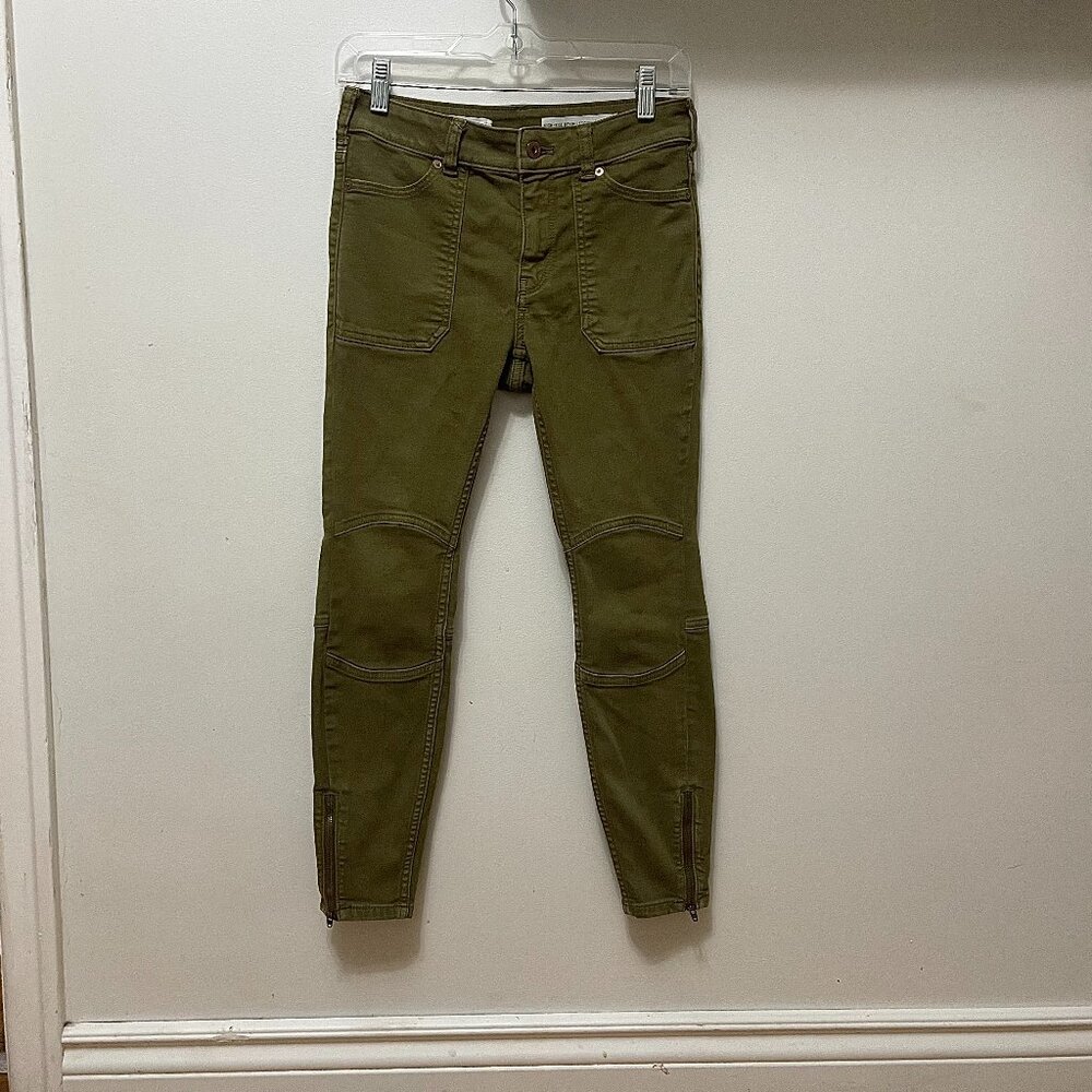 Anthropologie Army Green Moto Zippered High-Rise Denim Leggings Sz 26 Petite